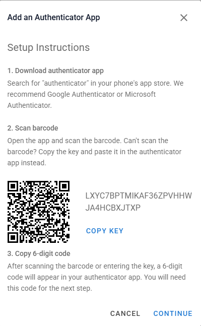 Authenticator app setup showing QR code and secret key side by side