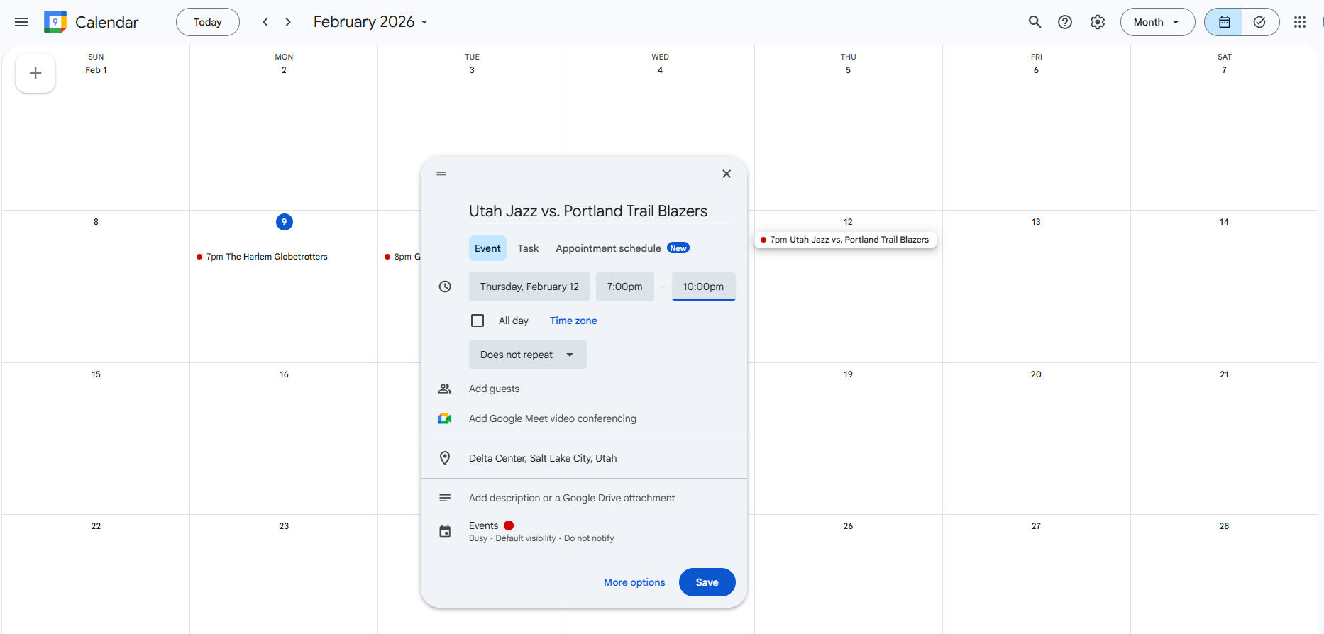 Google Calendar event creation form