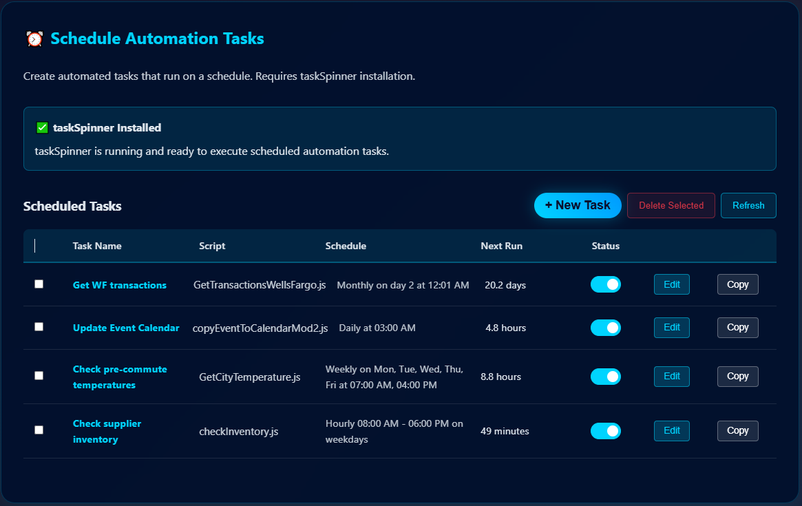 webSlinger scheduled automation tasks dashboard